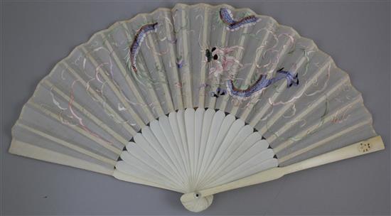 Two Chinese cased fans, 19th century, 20.5cm, both with gilt decorated black lacquer boxes